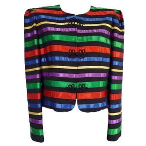 Vintage 90's Rainbow ribbon collarless black blazer Maggy London size 10-12